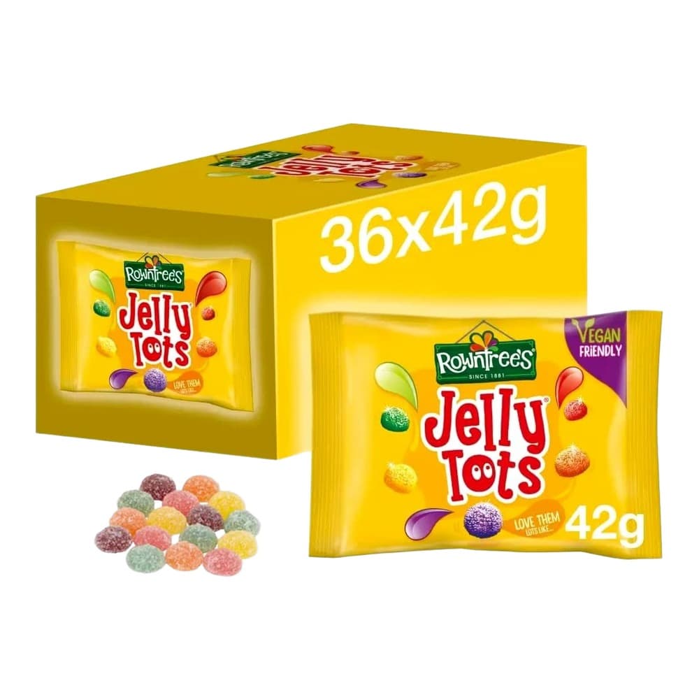Yellow box of Rowntrees Jelly Tots sweets showing 36 individual 42g packets and loose coloured jelly sweets