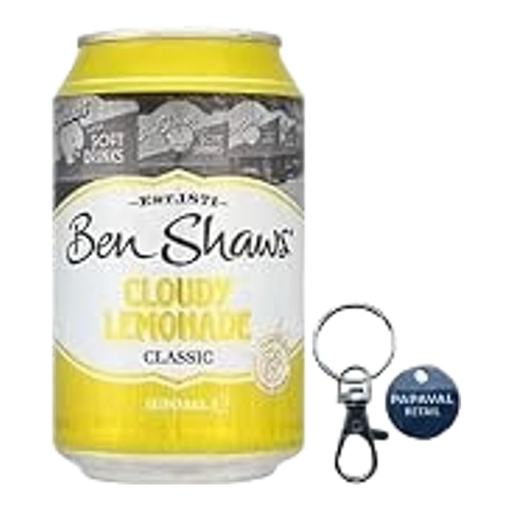 Yellow can of Don Shanos Cloudy Lemonade Classic with product branding and a blue keychain attached