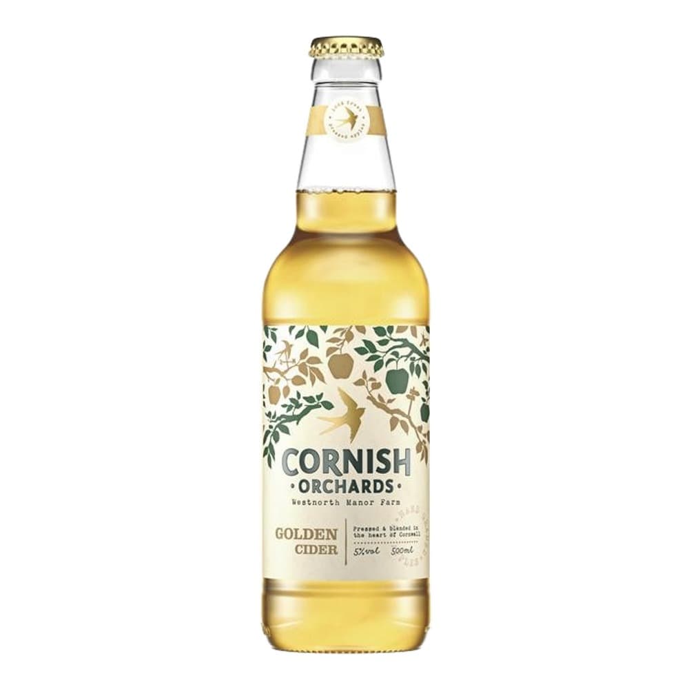 A bottle of Cornish Orchards Golden Cider against a white background, featuring a pale golden liquid and decorative floral label with a gold cap.