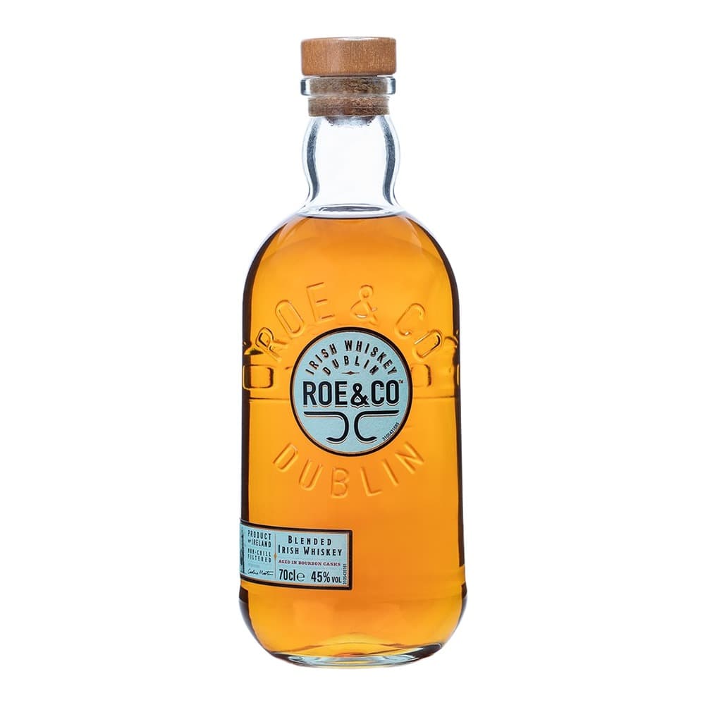 A 70cl bottle of Roe & Co Blended Irish Whiskey with a wooden cork stopper against a white background.