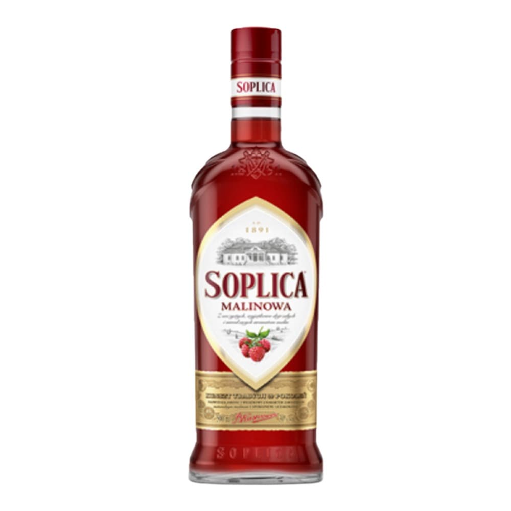 A bottle of Soplica Malinowa raspberry liqueur with a red label and gold accents, photographed against a plain white background.