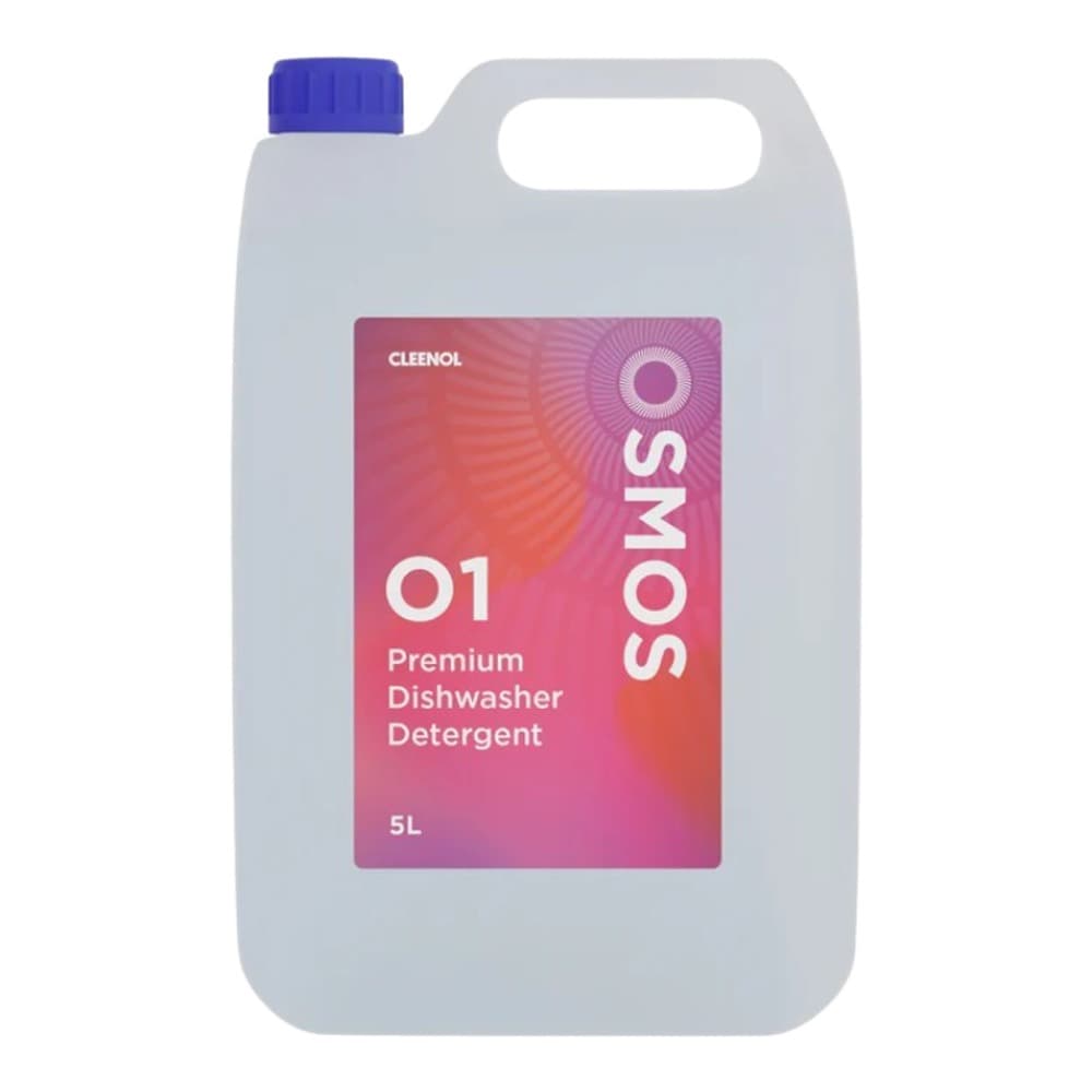 A 5-litre bottle of Cleenol Soma O1 premium dishwasher detergent with a white container and blue cap, featuring a pink and orange gradient label.