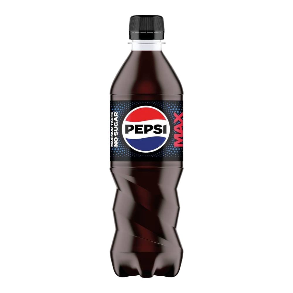 A plastic bottle of Pepsi Max with the iconic Pepsi logo and branding on a white background.
