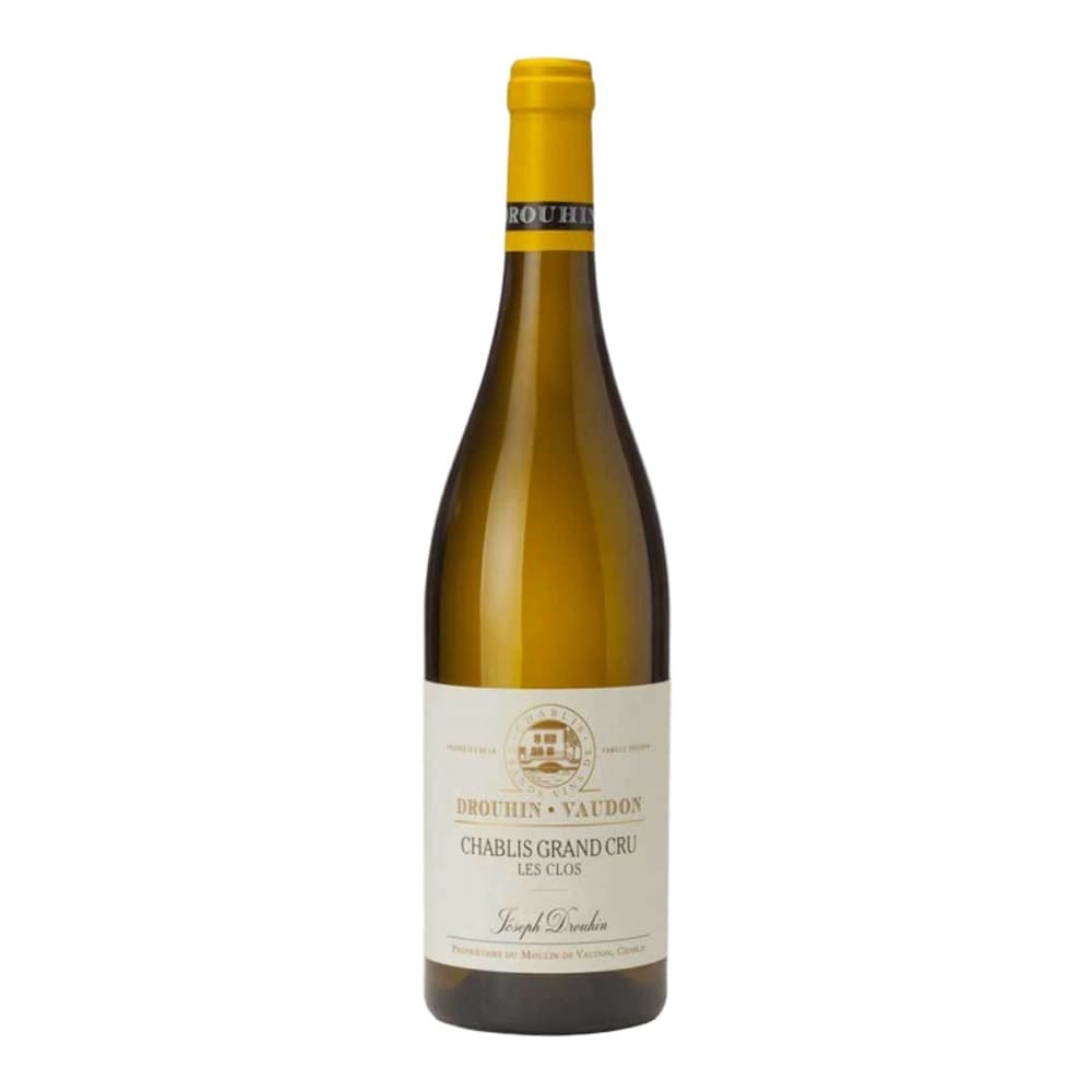 A bottle of Drouhin-Vaudon Chablis Grand Cru Les Clos white wine with yellow capsule and cream label on a white background.