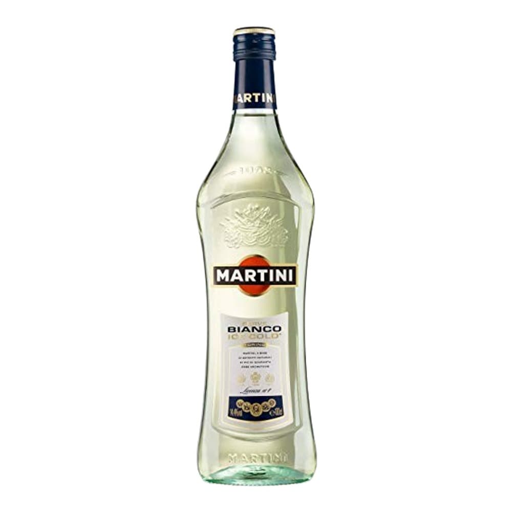 A glass bottle of Martini Bianco vermouth with a dark blue cap and white label on a plain white background.