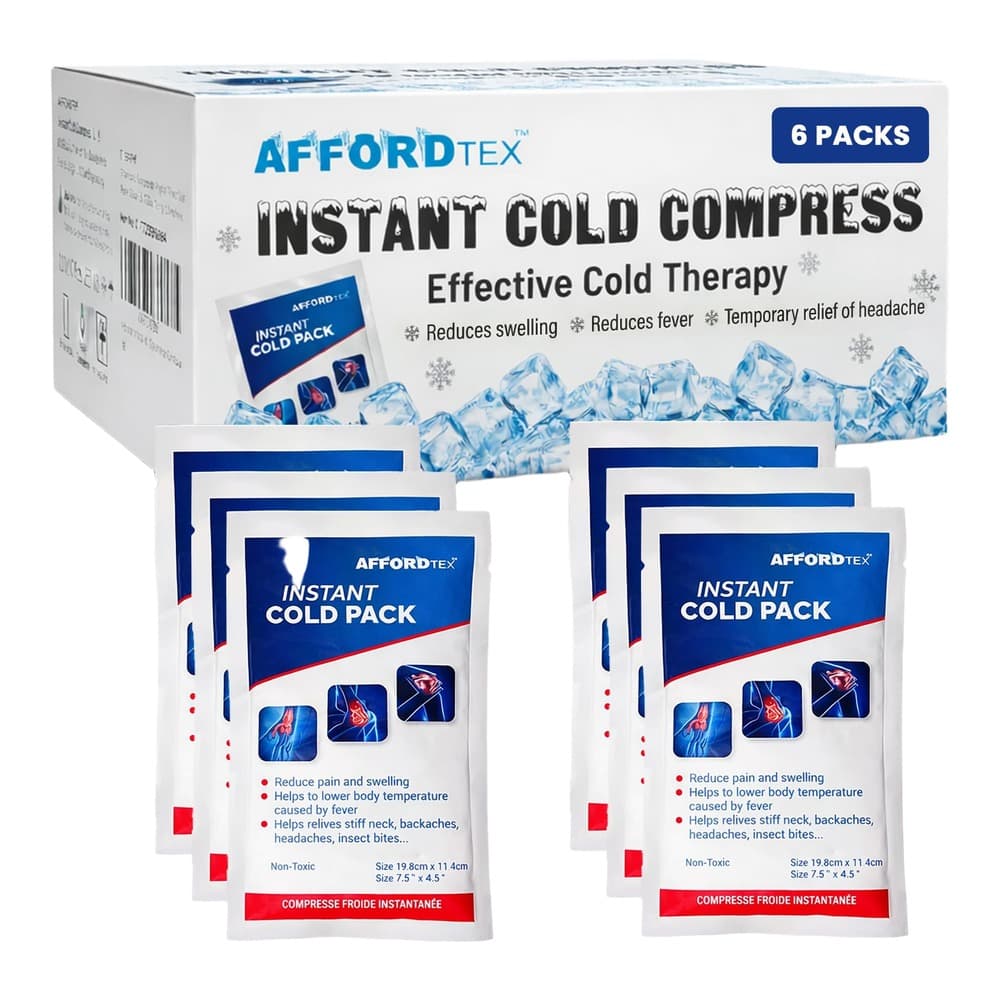 Product packaging and individual cold compress packs from AffordTex showing white and blue branded boxes with ice cube imagery and medical application illustrations