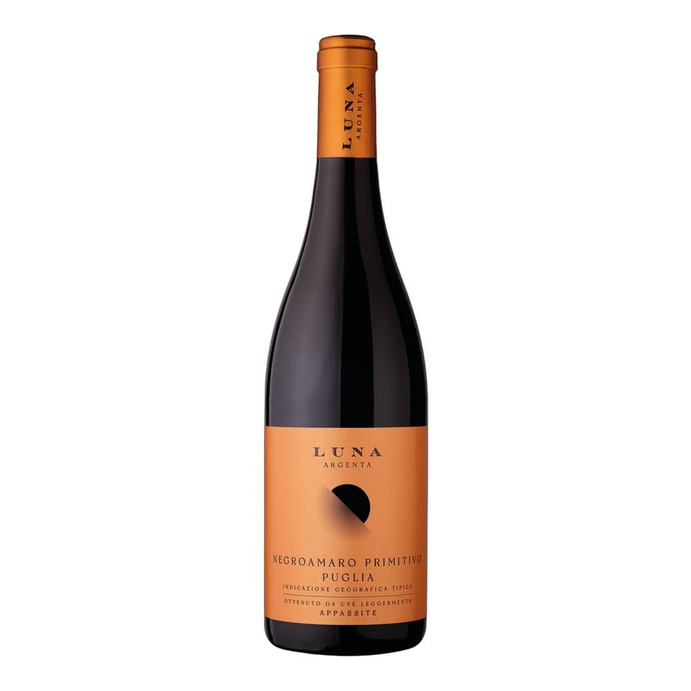 A bottle of Luna Argenta Negroamaro Primitivo Puglia red wine with an orange and black label against a white background.