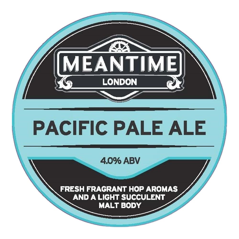 Circular beer bottle label for Meantime London Pacific Pale Ale, 4.0% ABV, with turquoise and black design featuring hop aroma description