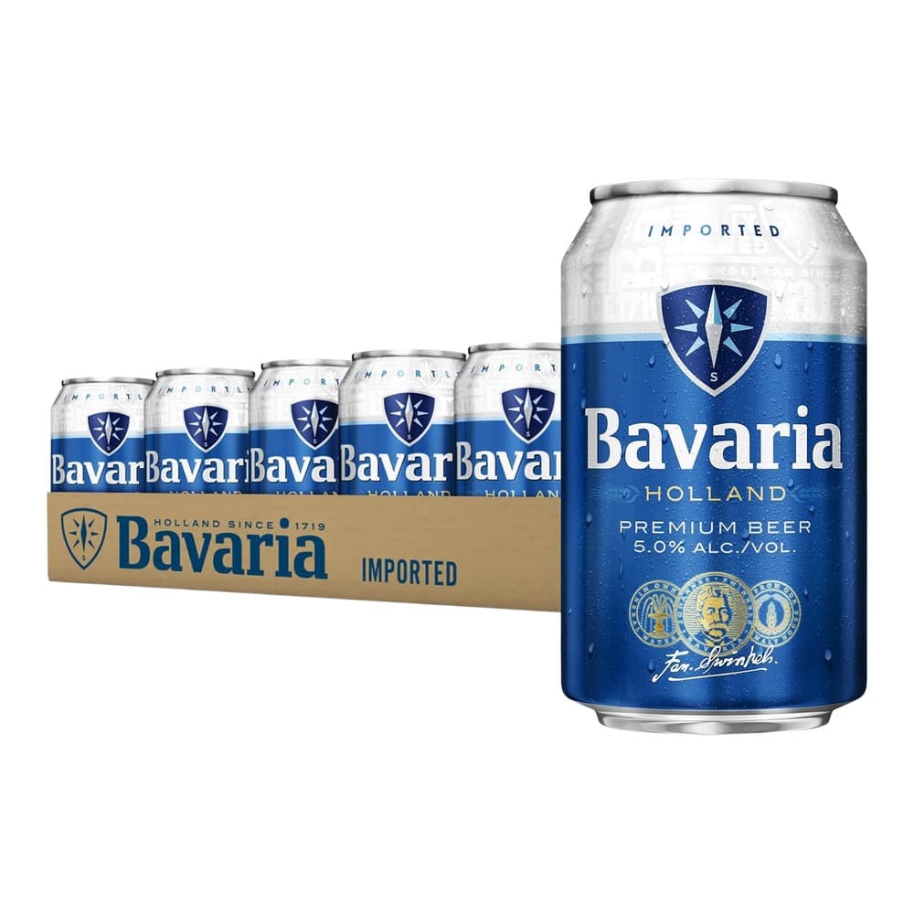 Six-pack of Bavaria Imported Premium Beer cans displayed with an individual can showing the blue label and shield logo on white background.