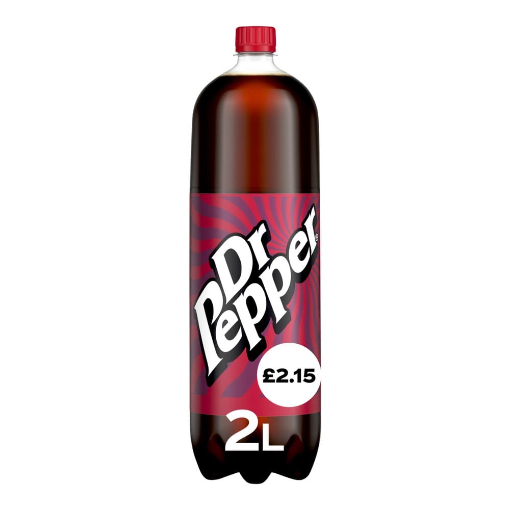 A 2-litre bottle of Dr Pepper cola with a red cap and branded label on a white background, displaying the £2.15 price point.