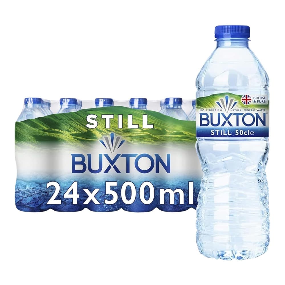Buxton Still Natural Mineral Water multipack showing 24 bottles of 500ml with green hills landscape branding on white background
