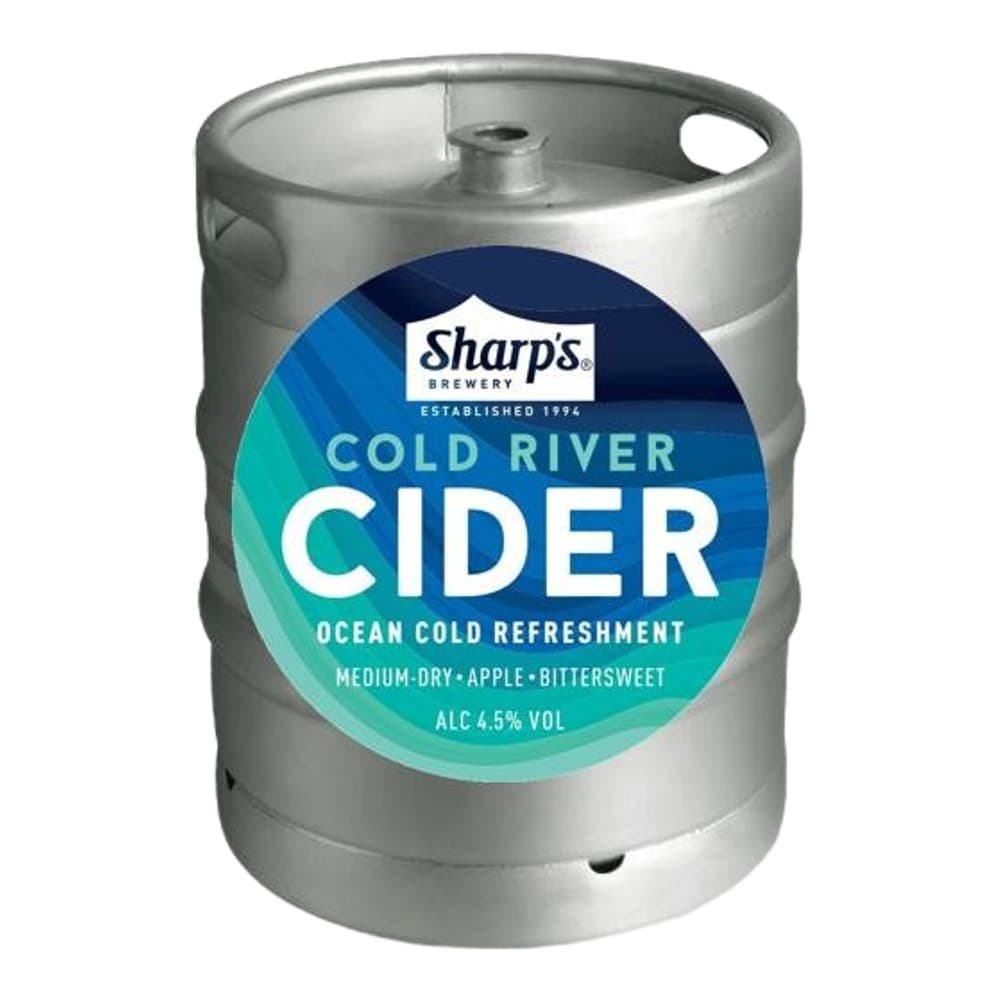 A silver metal keg of Sharp's Cold River Cider with a blue and turquoise circular label showing product details and branding.