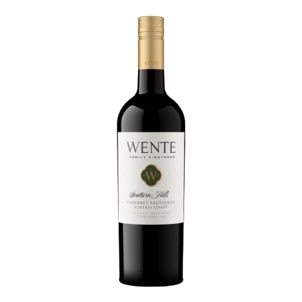 A bottle of Wente Family Vineyards Southern Hills Cabernet Sauvignon from Central Coast with a gold foil cap on a white background.