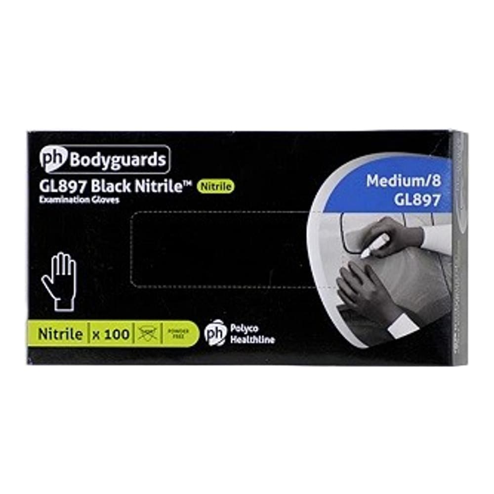 Packaging box for Bodyguards GL897 black nitrile disposable gloves, showing product features and a person wearing the gloves against a black background.