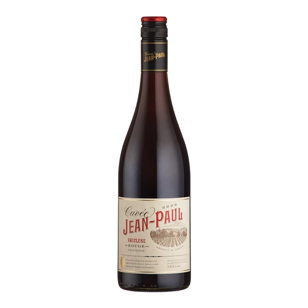 A bottle of Cuvée Jean-Paul Vaucluse Rouge red wine against a white background, featuring a cream and red label with vineyard imagery.