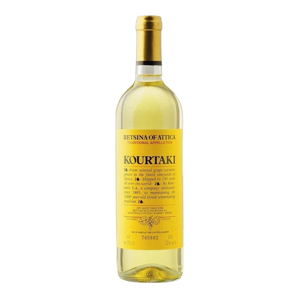 A bottle of Kourtaki Retsina of Attica traditional appellation dry white wine with a golden foil-wrapped top and yellow label, displayed against a white background.