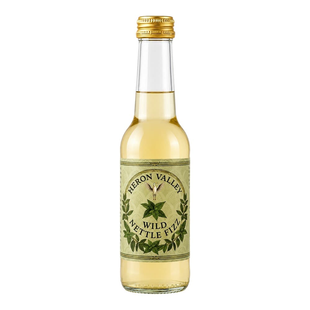 A bottle of Heron Valley Wild Nettle Fizz with pale golden liquid, cream and green label on white background