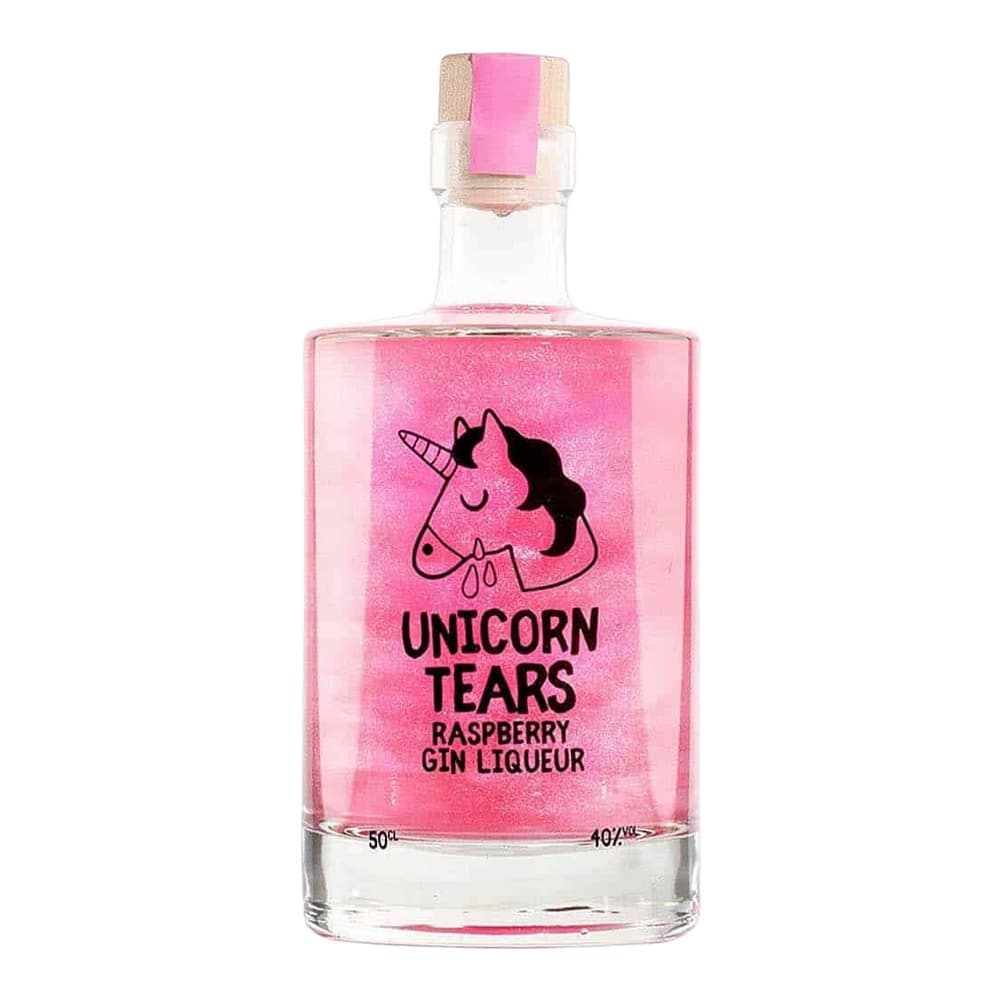 A 50cl bottle of pink Unicorn Tears Raspberry Gin Liqueur with a unicorn head illustration and pink cork-style stopper, photographed against a white background.