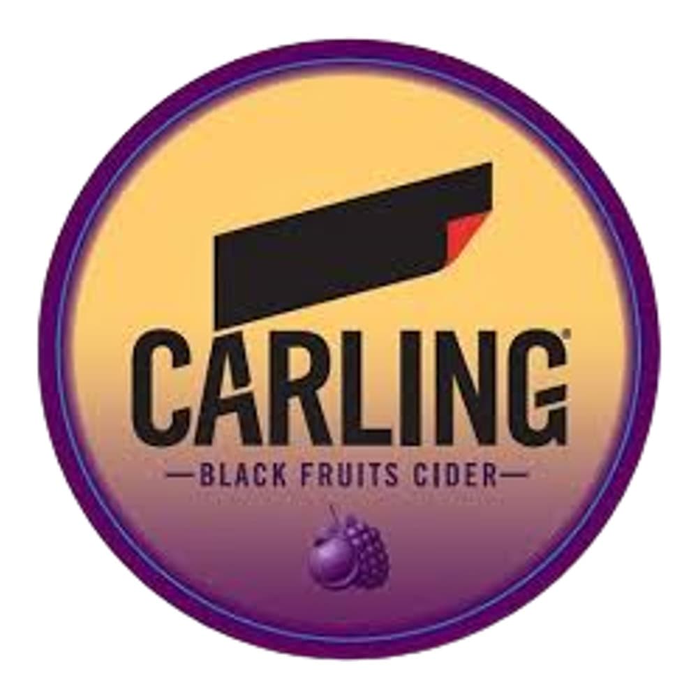 Circular logo for Carling Black Fruits Cider featuring a black megaphone on a yellow background with purple border