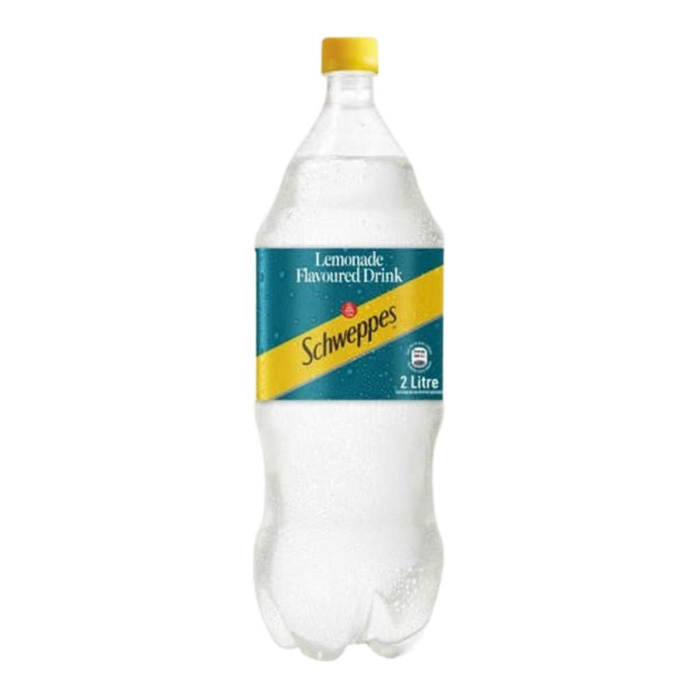 A 2 litre plastic bottle of Schweppes Lemonade Flavoured Drink with a yellow cap and blue and yellow label on a white background.
