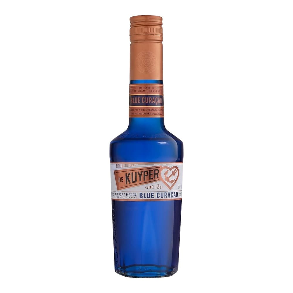 A bottle of De Kuyper Blue Curaçao liqueur with a distinctive blue liquid, cork top, and tan-coloured label against a white background.