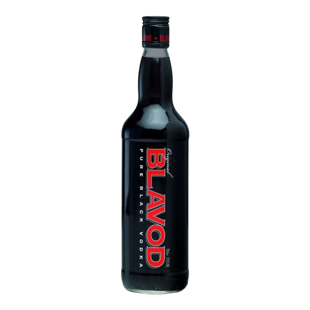 A bottle of Blawod Pure Black Vodka against a white background, featuring a black label with red text and branding.