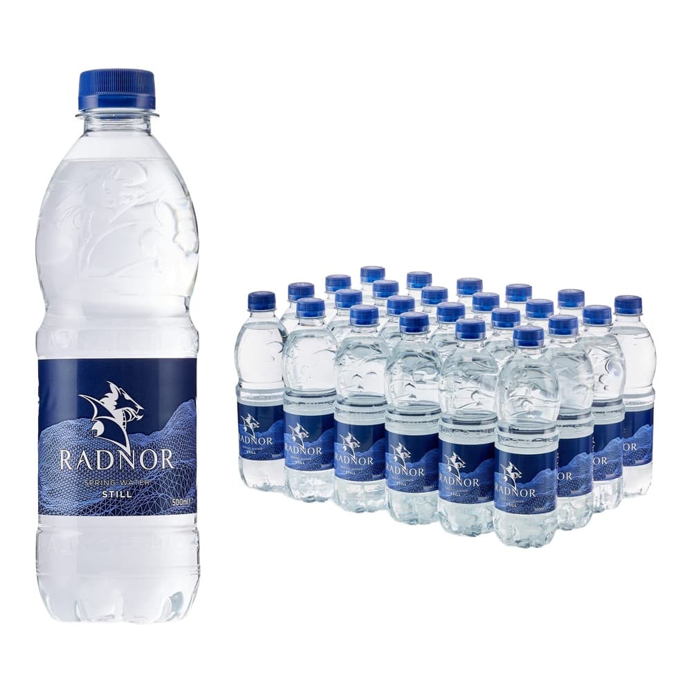 A large 500ml bottle of Radnor still water with blue cap displayed alongside multiple smaller Radnor water bottles arranged in rows on a white background.