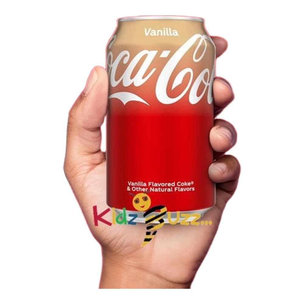 A hand holding a Vanilla Coca-Cola can against a red background, displayed alongside a nutrition facts label showing 150 calories per serving.