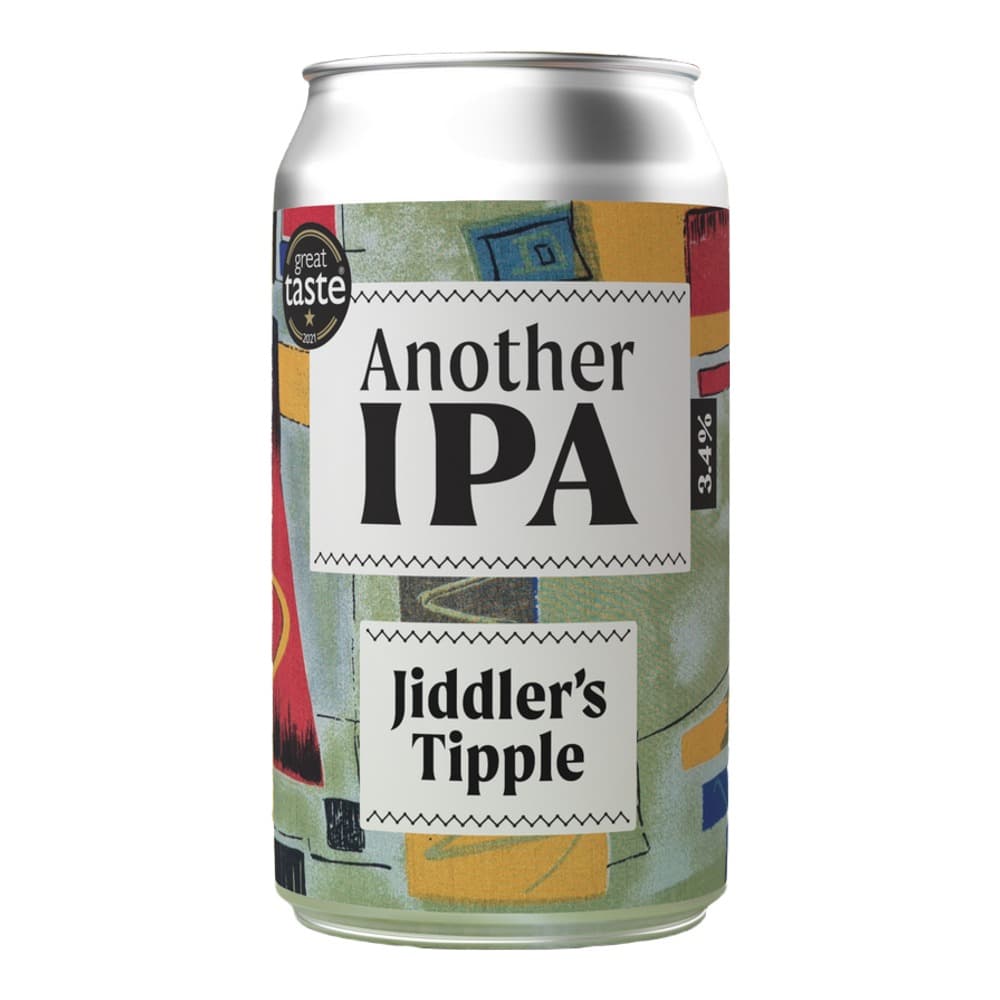 A metallic silver beer can featuring 'Another IPA' and 'Jiddler's Tipple' branding displayed against a vibrant, multicoloured abstract patterned backdrop.