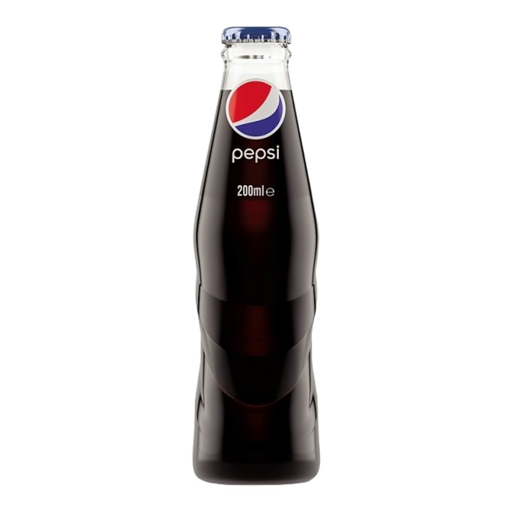 A 200ml glass bottle of Pepsi cola with a blue crown cap and classic red, white and blue Pepsi logo, filled with dark cola liquid, isolated on a white background.