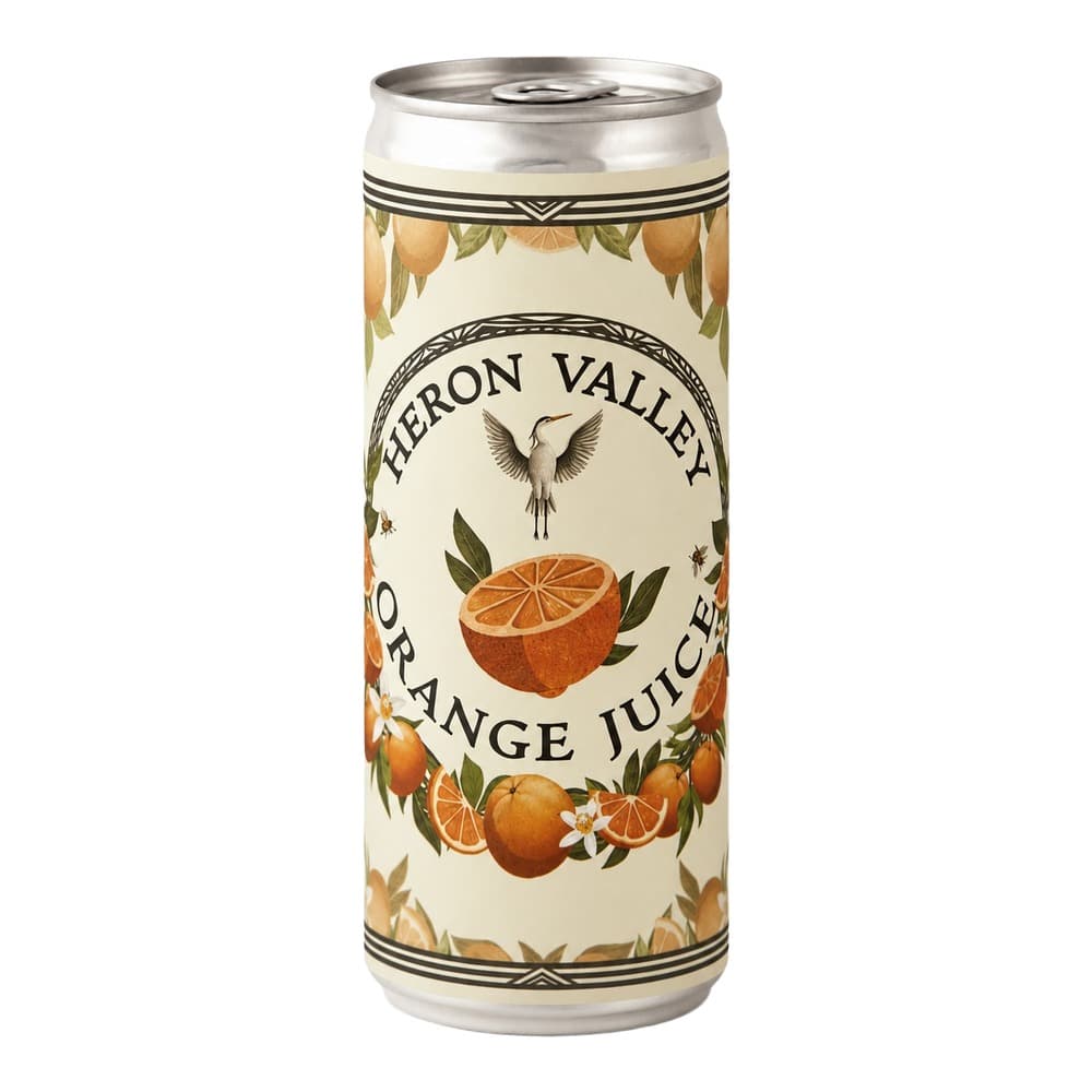 A tall aluminium can of Heron Valley Orange Juice featuring a vintage-style label with orange illustrations, a heron logo, and decorative borders on a white background.
