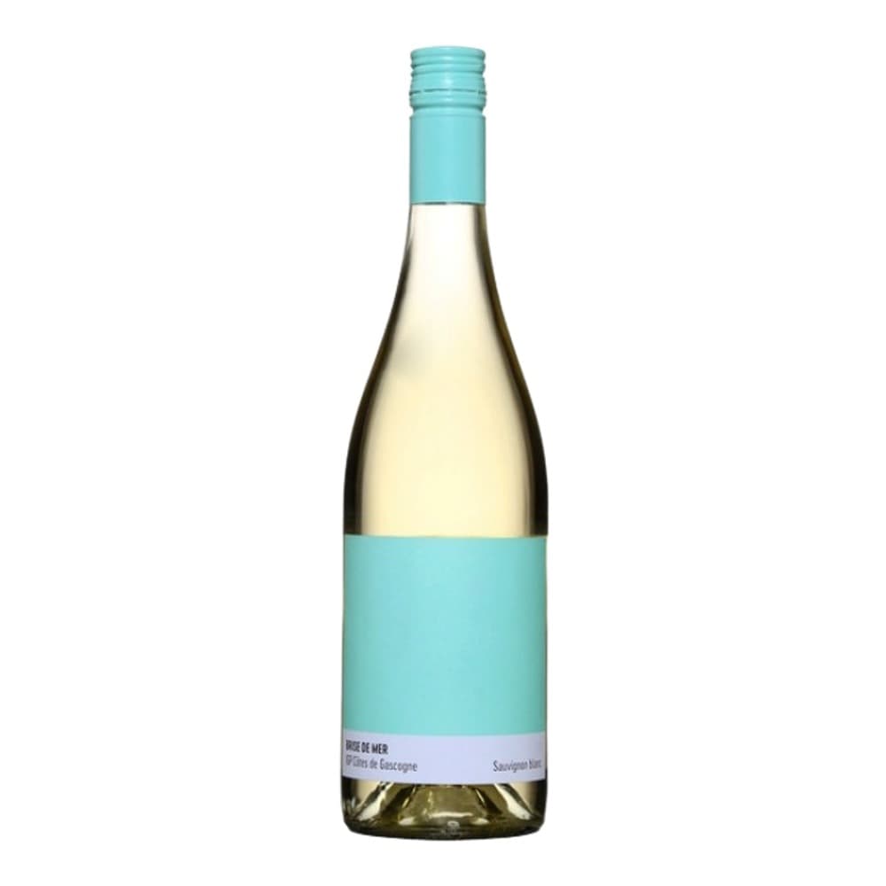 A bottle of white wine with a distinctive turquoise cap and label, photographed against a plain white background.