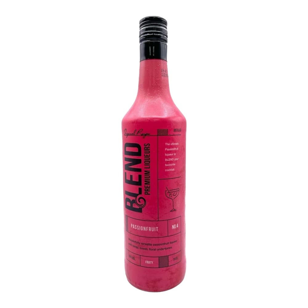 Pink passionfruit flavoured premium liqueur bottle with black cap on white background