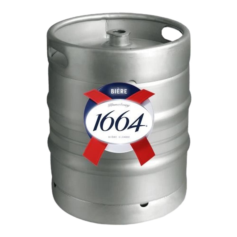 A stainless steel beer keg with a Kronenbourg 1664 label featuring red ribbons and blue branding on a neutral background.