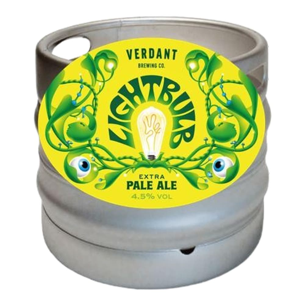 A stainless steel keg with a bright yellow label featuring green botanical imagery and the Verdant Brewing Co logo for their Lightbulb Extra Pale Ale at 4.5% vol.