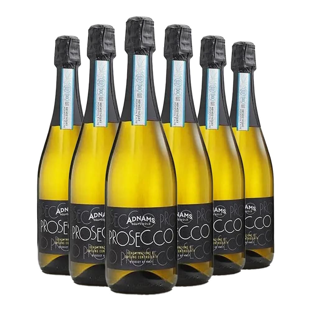 Six bottles of Adnams Prosecco sparkling wine with black foil wrapping and white labels arranged on a white background.