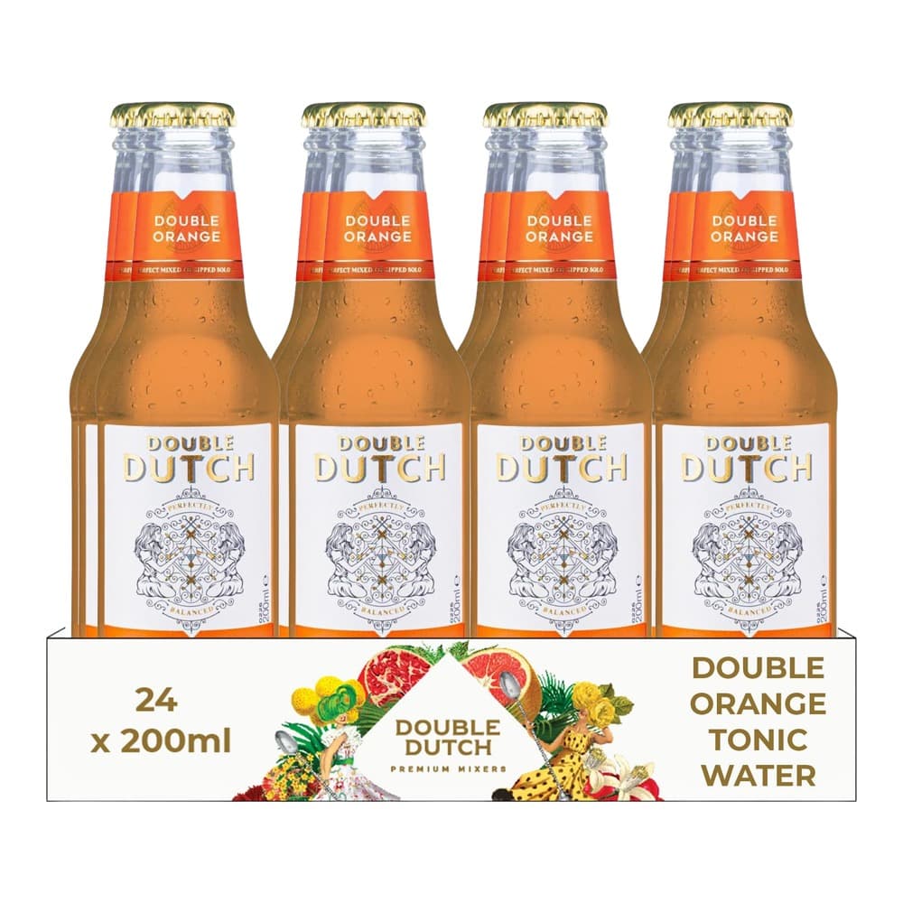 Four glass bottles of Double Dutch Double Orange Tonic Water with gold caps arranged in a white cardboard box displaying '24 x 200ml' and product branding with tropical fruit imagery.
