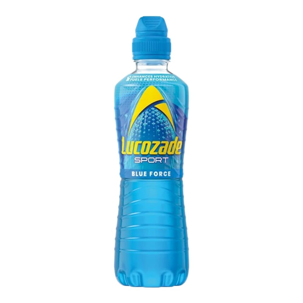 A blue plastic bottle of Lucozade Sport Blue Force energy drink with a blue cap and yellow/gold logo on a white background.