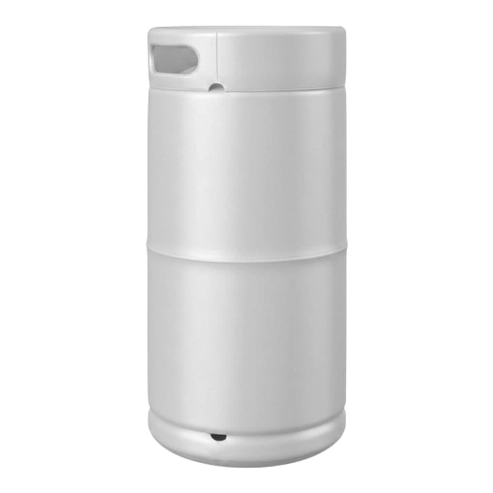 A cylindrical stainless steel beer keg with grey top valve assembly and base, photographed against a white background.