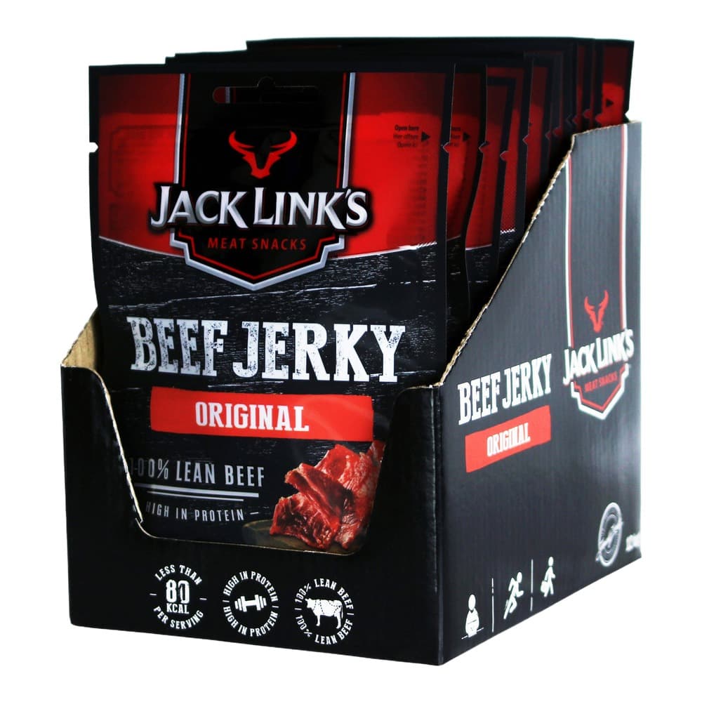 A display box of Jack Link's Original Beef Jerky showing multiple individual packages with red and black branding featuring a bull logo