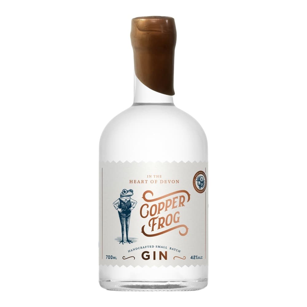 A bottle of Copper Frog handcrafted small batch gin with a brown cork top on a white background.