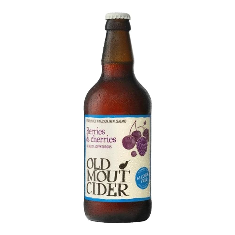 A brown glass bottle of Old Mout Cider with a berries and cherries label featuring purple fruit imagery, photographed against a white background.