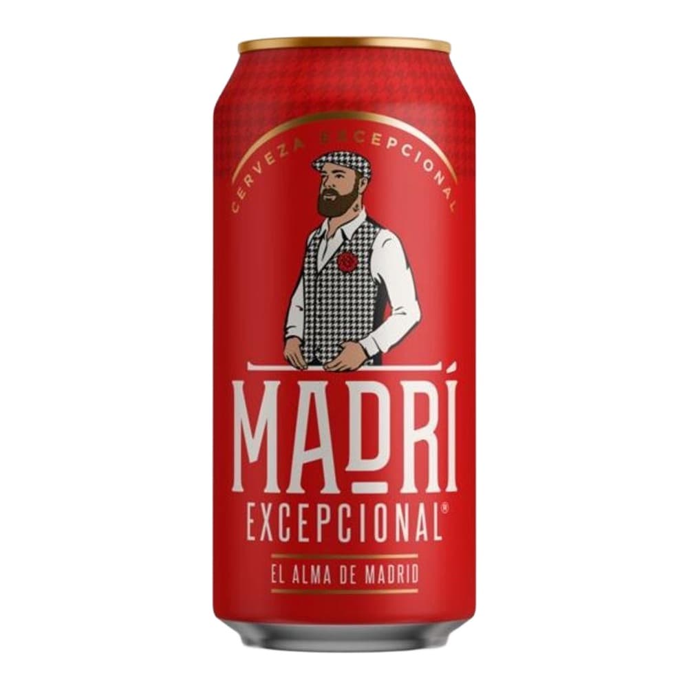 A red aluminium beer can featuring a bearded man in traditional Spanish attire, with the Madrí Excepcional brand name prominently displayed.