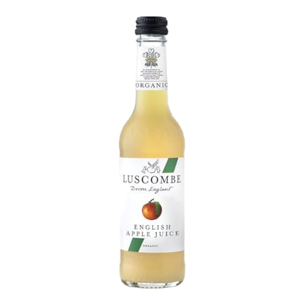 A glass bottle of Luscombe organic English apple juice against a white background, featuring a white label with an apple illustration and black screw cap.
