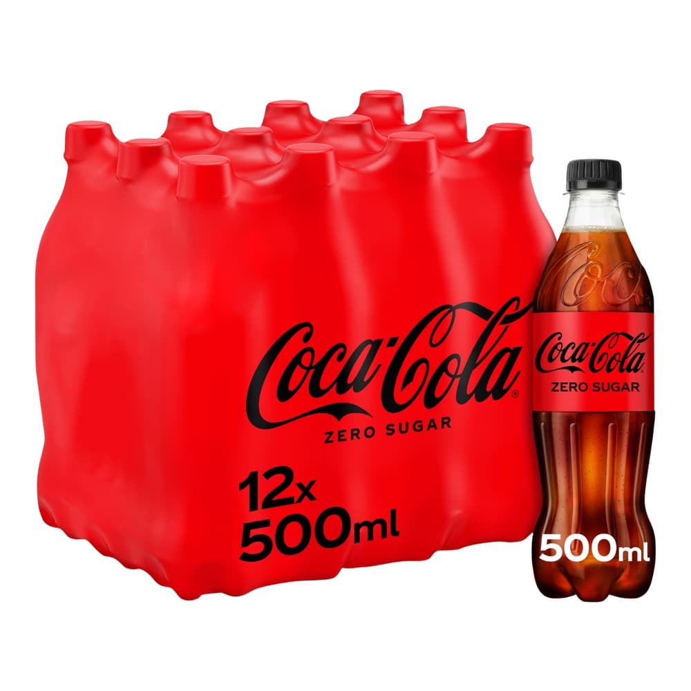 A 12-pack of Coca-Cola Zero Sugar 500ml bottles displayed on a white background with one individual bottle shown beside the pack.