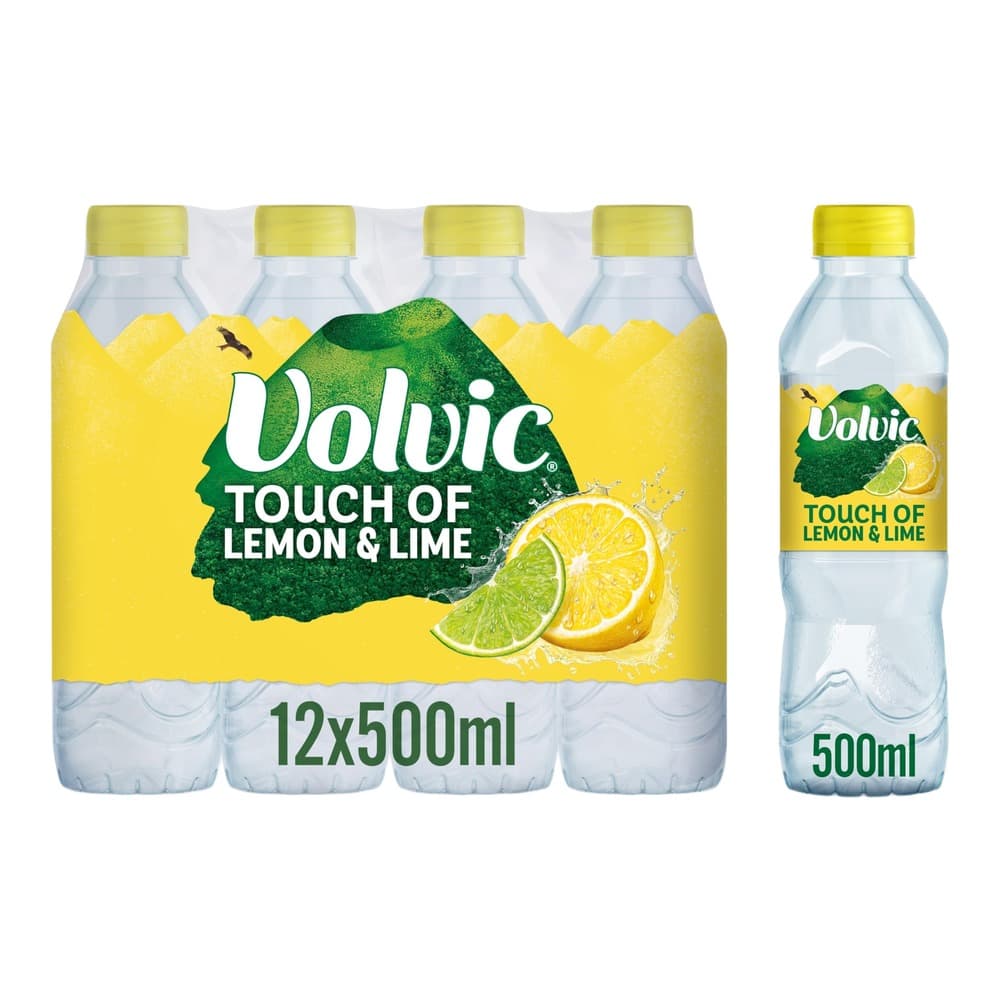 Multi-pack of Volvic Touch of Lemon & Lime flavoured water bottles with yellow caps and labels, displayed with a single 500ml bottle