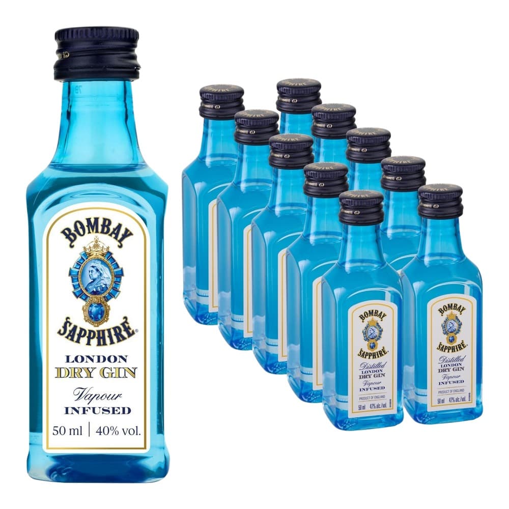 A collection of Bombay Sapphire London Dry Gin miniature bottles displayed on a white background, featuring bright blue glass bottles with navy screw caps and product labels.