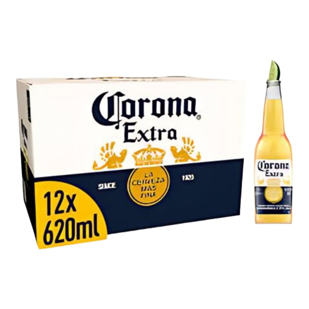 Corona Extra beer multi-pack box displaying 12x620ml bottles with a single bottle shown to the right, featuring the brand's iconic crown logo and lime wedge on a white background