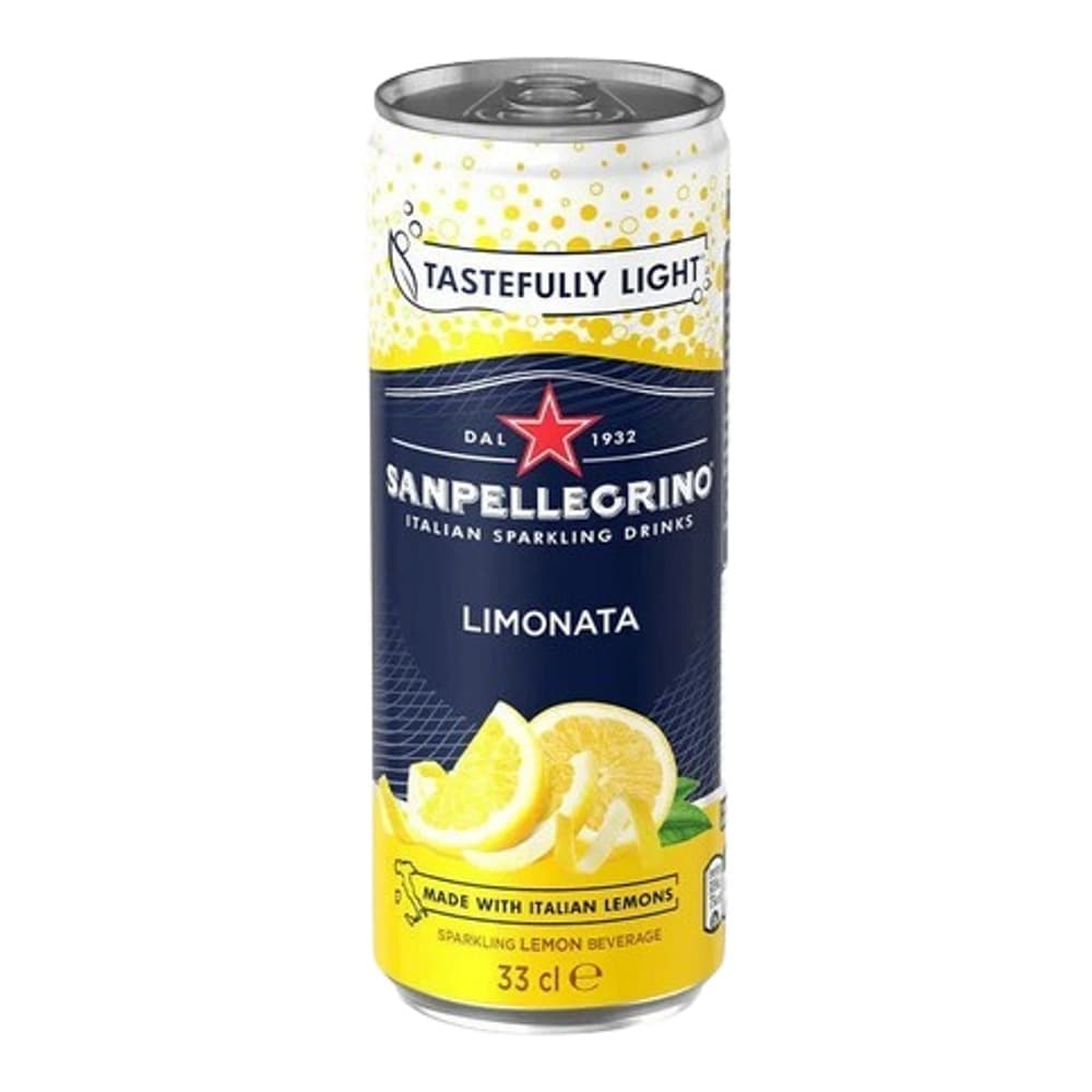 A 330ml can of San Pellegrino Limonata Italian sparkling lemon drink with yellow and navy blue labelling featuring a red star logo and lemon imagery.