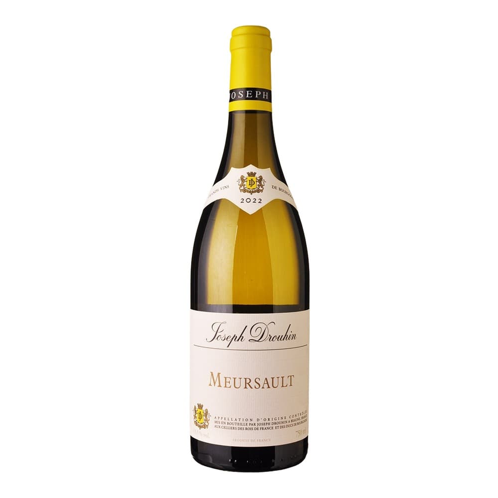 A bottle of Joseph Drouhin Meursault 2022 white wine with yellow foil capsule and cream-coloured label, photographed against a white background.
